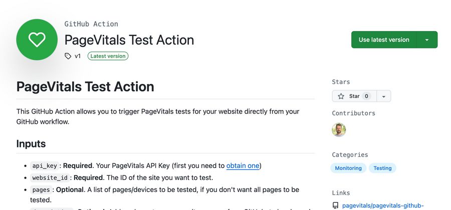 PageVitals on GitHub Marketplace
