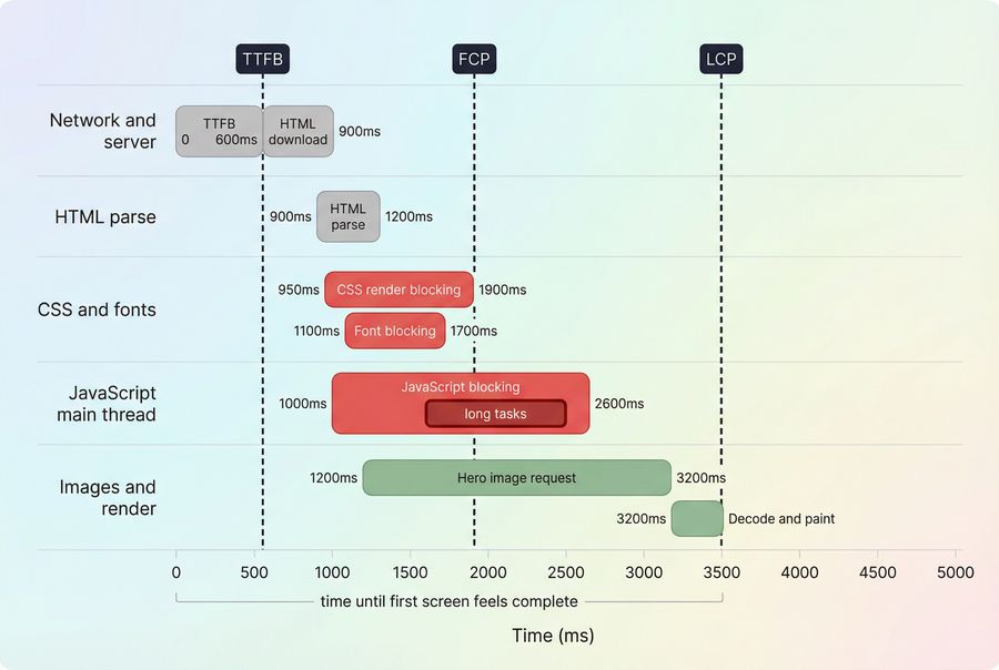 Timeline chart mapping above-the-fold loading phases to TTFB, FCP, and LCP milestones