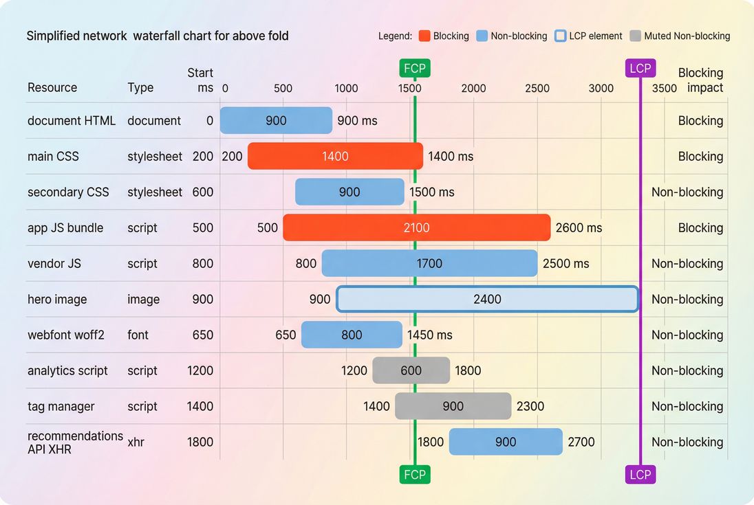 Simplified network waterfall highlighting render-blocking CSS, main-thread JS, and the hero image that determines LCP
