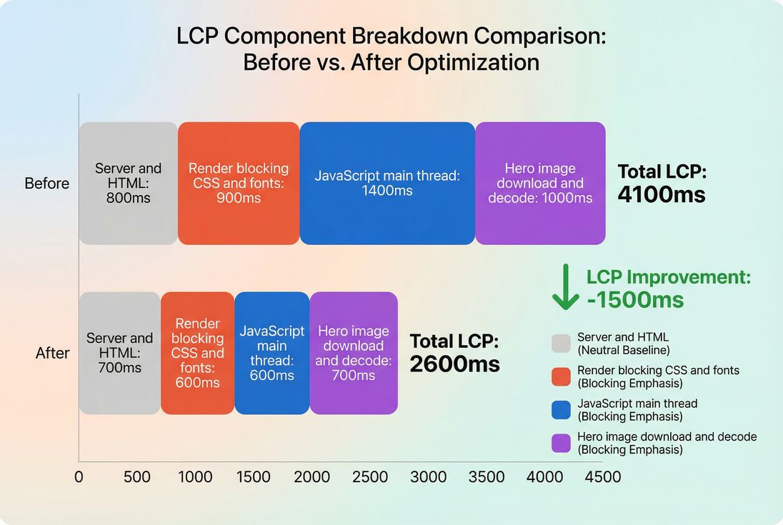 Before and after stacked bars showing how above-the-fold optimizations reduce LCP by shrinking JS blocking and speeding up the hero image