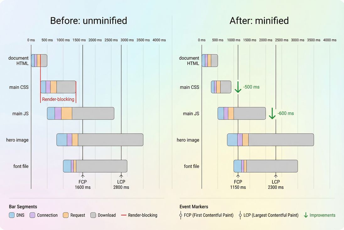 Side-by-side waterfall comparison showing reduced download time for minified CSS and JS on the critical path.