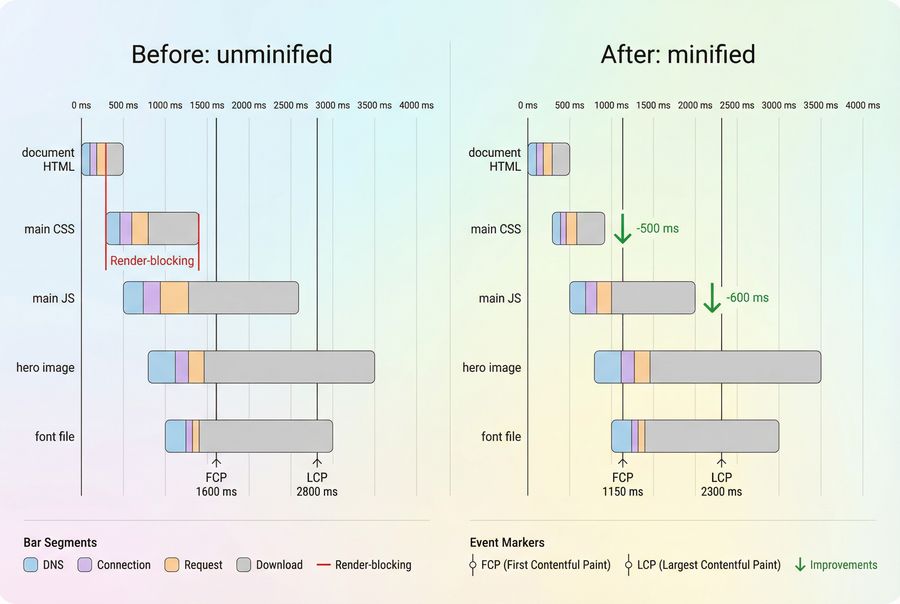Side-by-side waterfall comparison showing reduced download time for minified CSS and JS on the critical path.