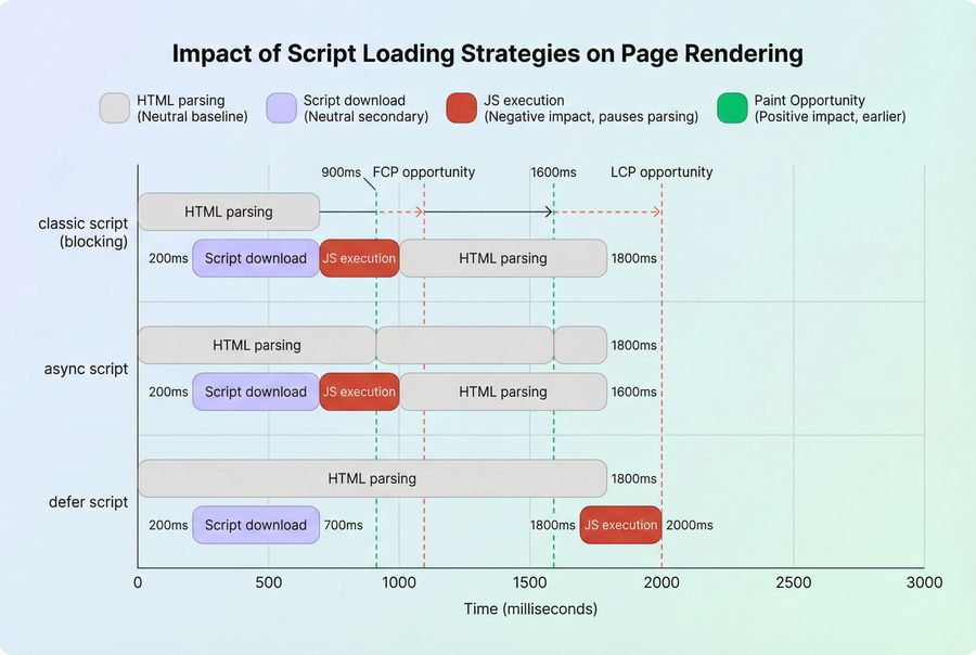 Timeline showing how classic, async, and defer scripts affect HTML parsing and JavaScript execution