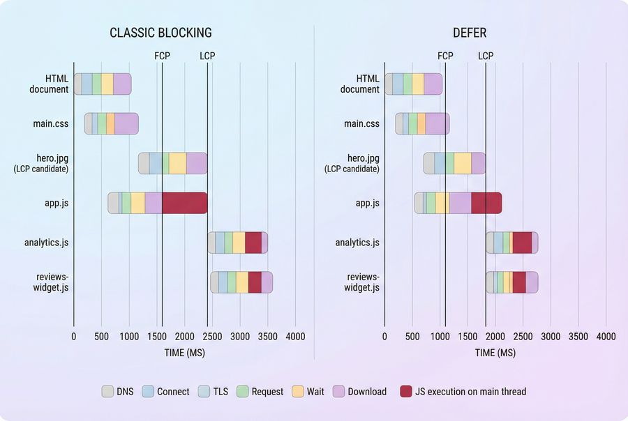 Side by side waterfall showing classic blocking script versus deferred script and the change in early rendering milestones
