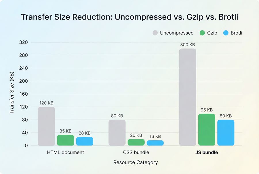 Grouped bar chart comparing uncompressed, gzip, and Brotli transfer sizes for HTML, CSS, and JavaScript.
