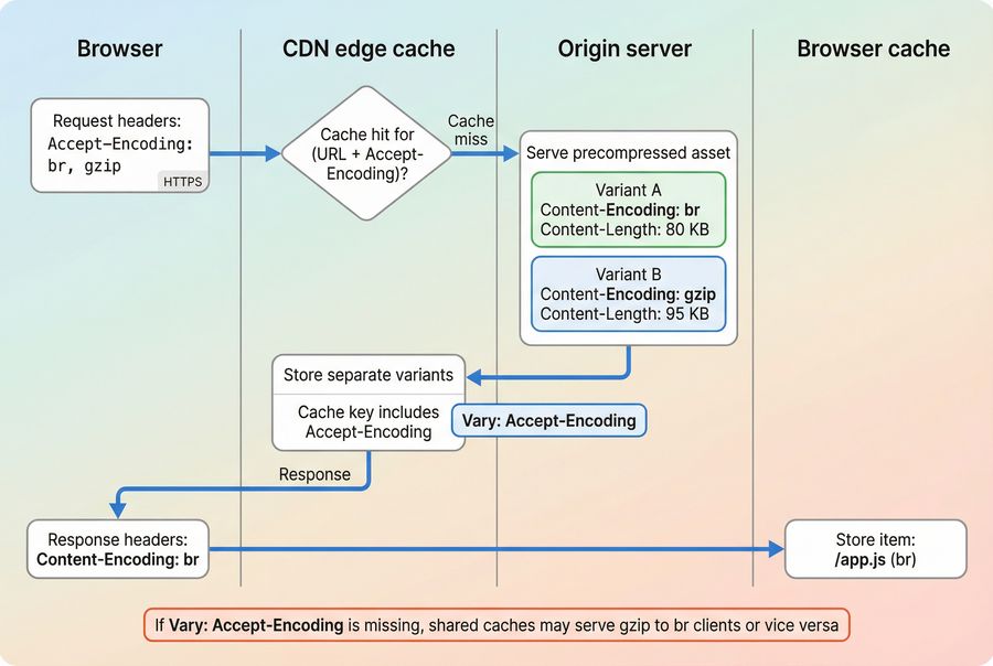 Flow diagram showing Accept-Encoding negotiation, Content-Encoding response, and the need for Vary: Accept-Encoding at CDN and browser cache layers.