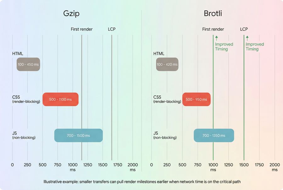 Two-panel simplified network waterfall showing gzip vs Brotli downloads for HTML, CSS, and JS and the resulting earlier render start and LCP.