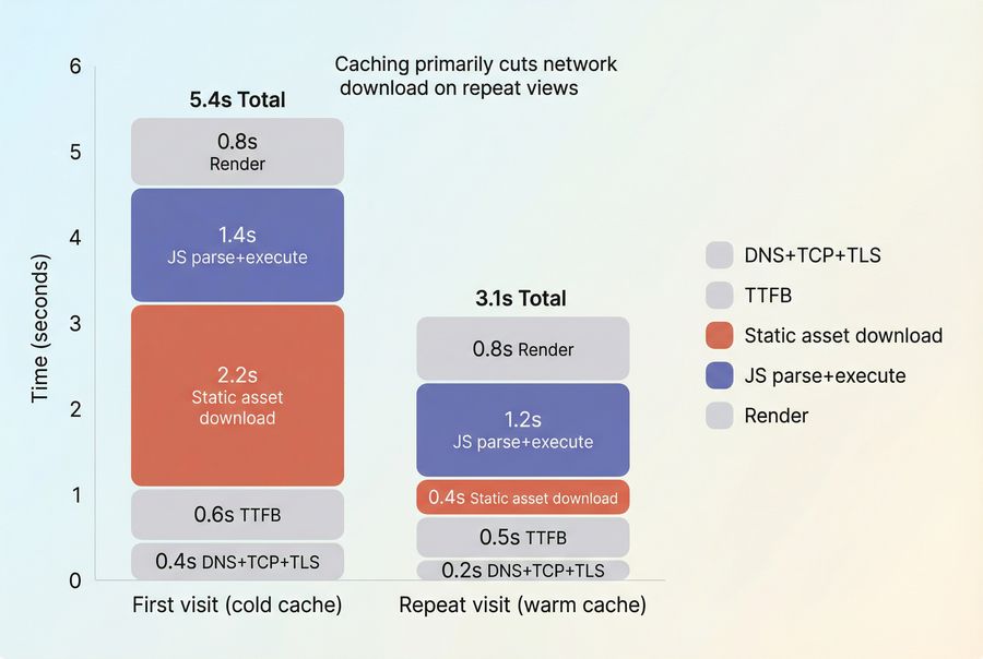 Stacked bar chart comparing first visit vs repeat visit load time components with and without cached assets