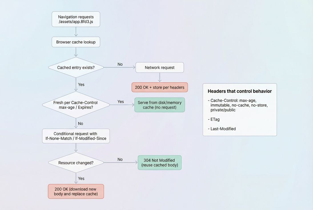Flow diagram showing browser cache lookup, freshness check, revalidation, and outcomes (200 vs 304)