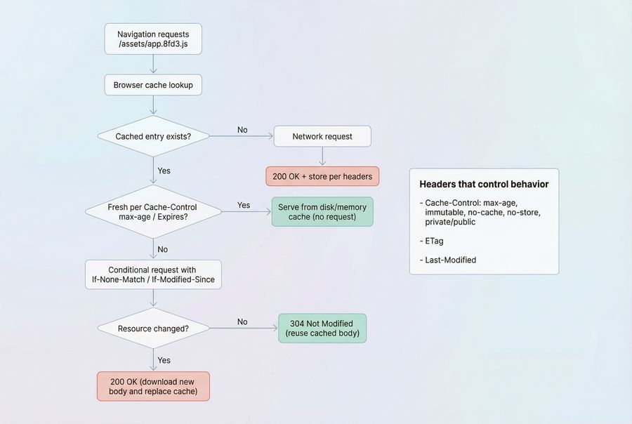 Flow diagram showing browser cache lookup, freshness check, revalidation, and outcomes (200 vs 304)