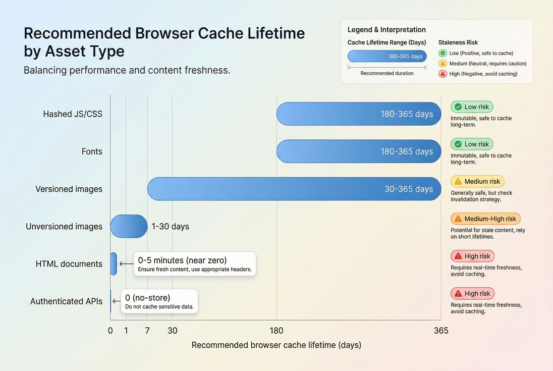 Horizontal bar chart showing recommended browser cache TTL ranges by asset type and risk of staleness