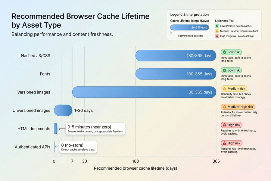 Horizontal bar chart showing recommended browser cache TTL ranges by asset type and risk of staleness