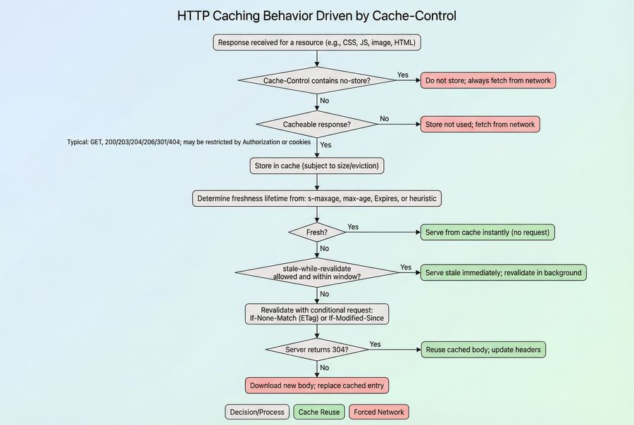 Flow chart showing how Cache-Control directives determine whether a response is stored, reused while fresh, revalidated, or re-downloaded