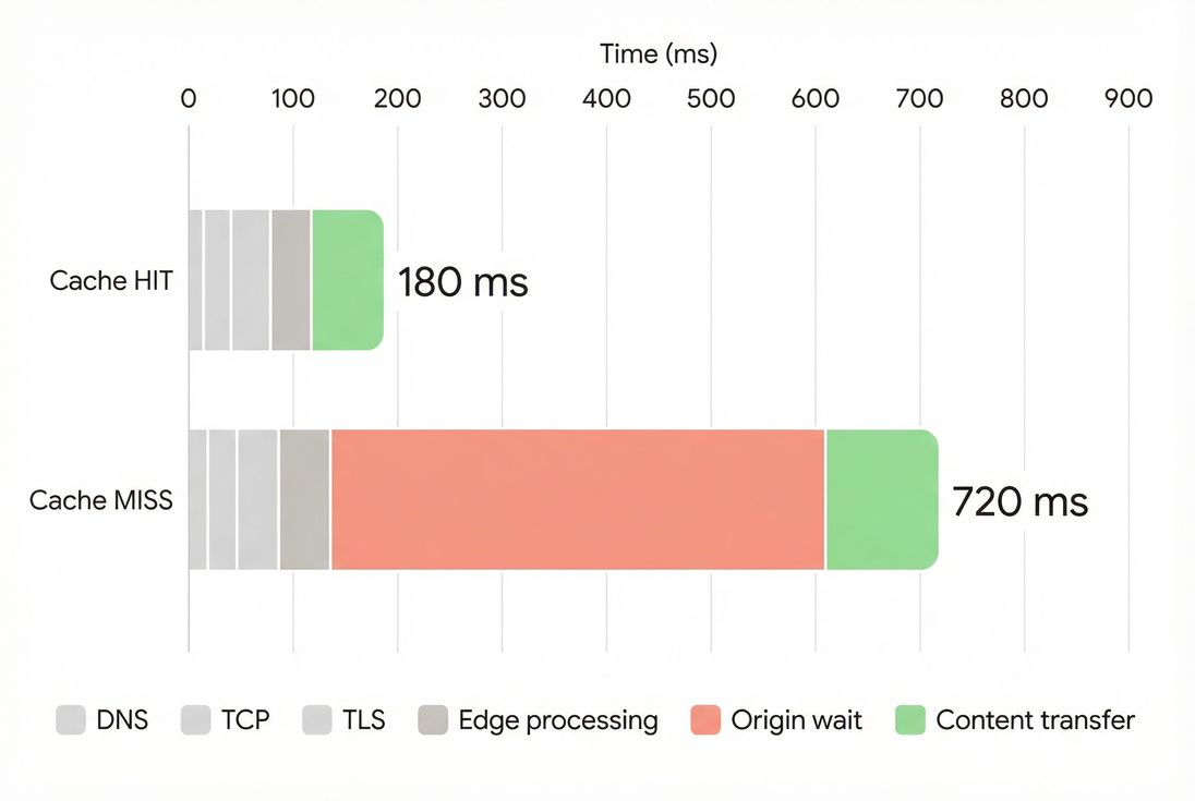 Stacked bar chart comparing cache hit and cache miss request phases for TTFB