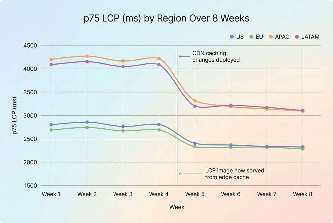 Line chart of p75 LCP by region before and after CDN optimization