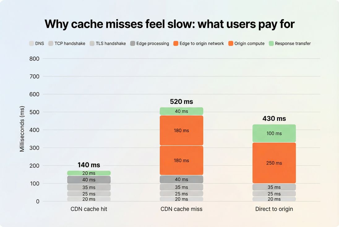 Stacked bars comparing TTFB components for CDN cache hit vs cache miss vs direct origin