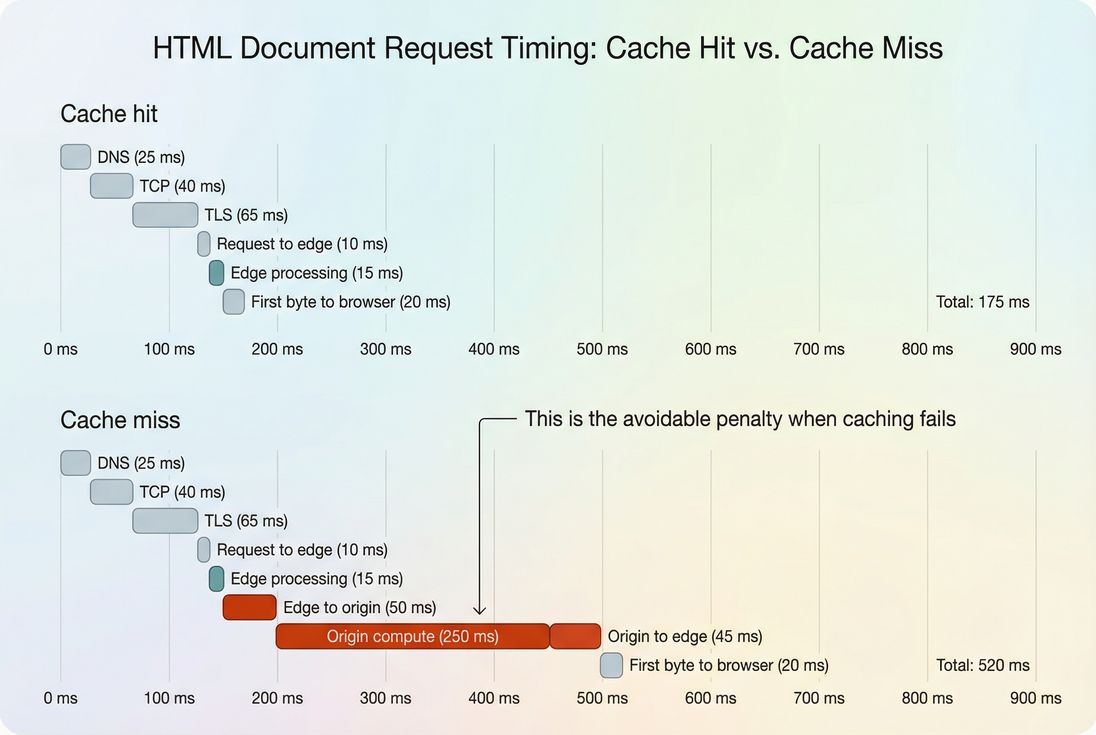 Two simplified waterfalls showing CDN cache hit versus cache miss with edge-to-origin fetch