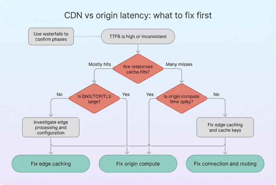 Decision flowchart for choosing whether to fix caching, origin compute, or connection setup