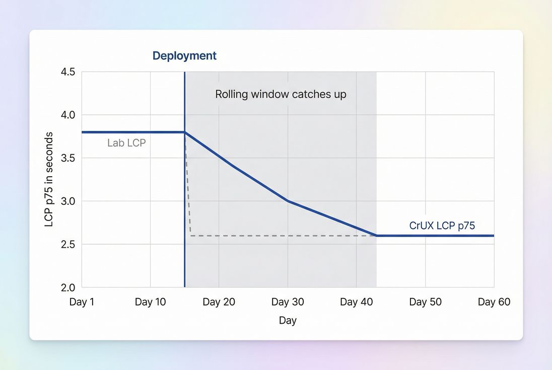 Line chart showing CrUX 28-day rolling trend improving gradually after a deployment