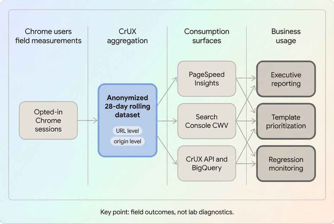 Flow diagram showing CrUX data sources and how site owners consume them via PSI Search Console API and dashboards