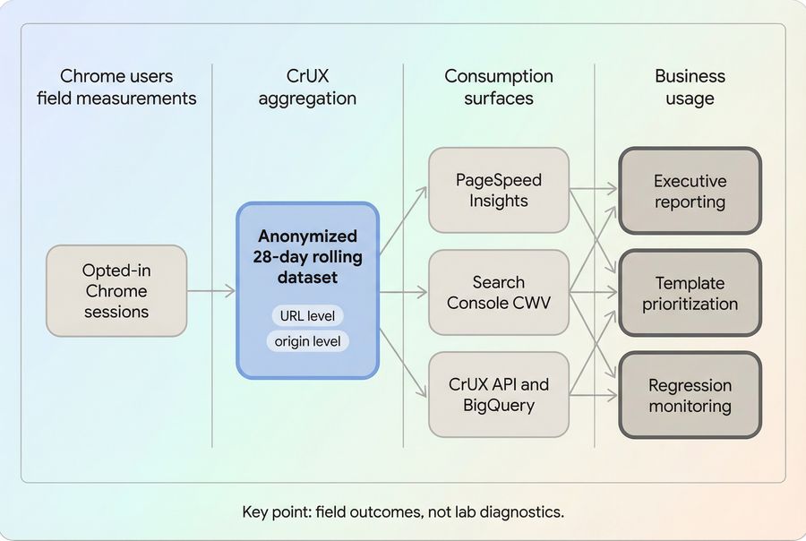 Flow diagram showing CrUX data sources and how site owners consume them via PSI Search Console API and dashboards