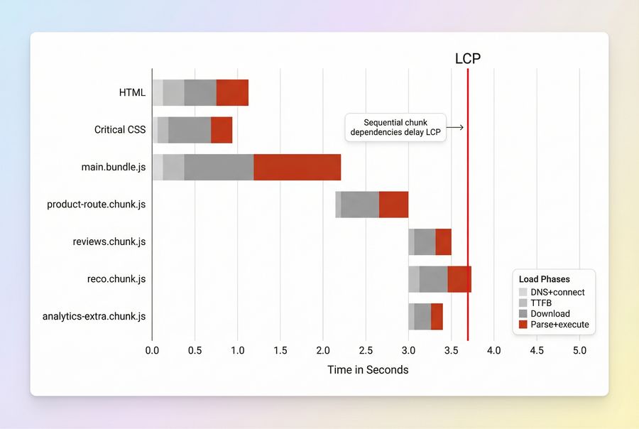 Network waterfall style timeline showing how sequential chunk loading can delay LCP