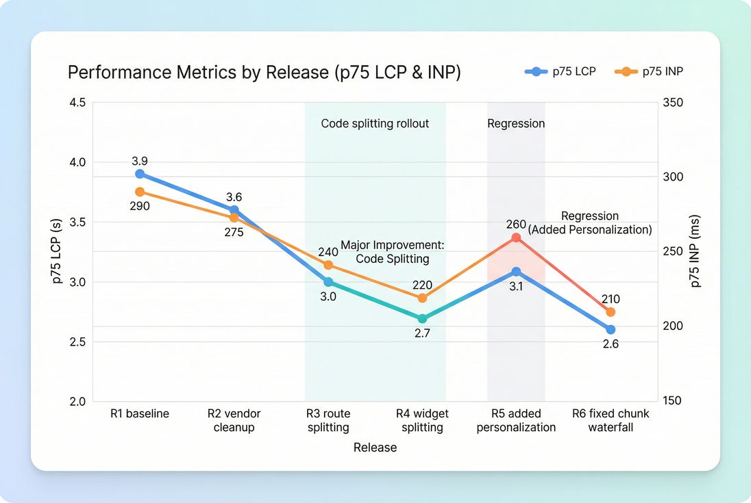 Line chart showing p75 LCP and p75 INP trends across releases before and after code splitting