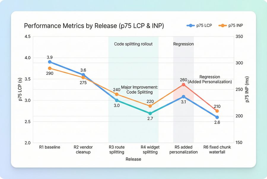 Line chart showing p75 LCP and p75 INP trends across releases before and after code splitting