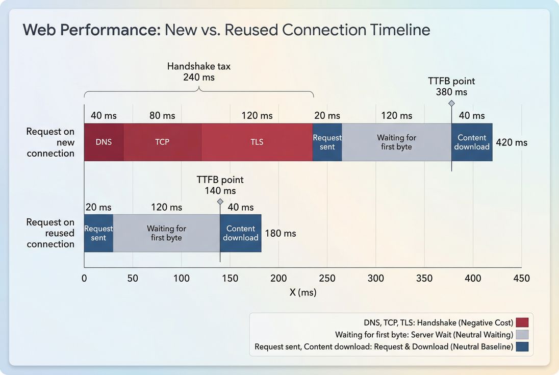 Timeline comparison of a new connection versus a reused connection highlighting DNS TCP and TLS overhead