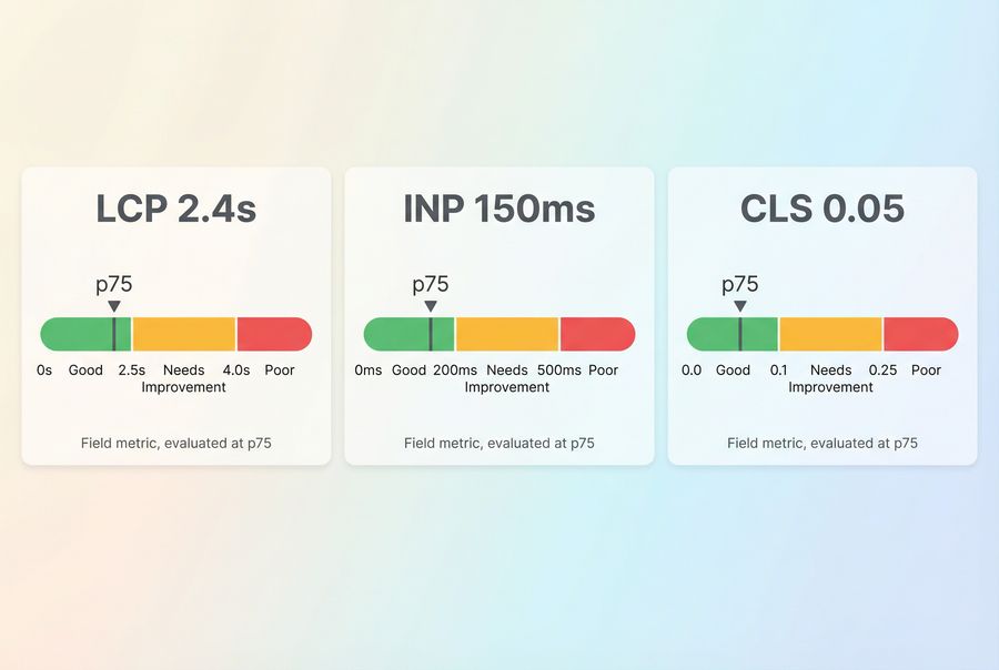 Scorecard view of LCP, INP, and CLS with good, needs improvement, and poor thresholds and a 75th percentile marker.