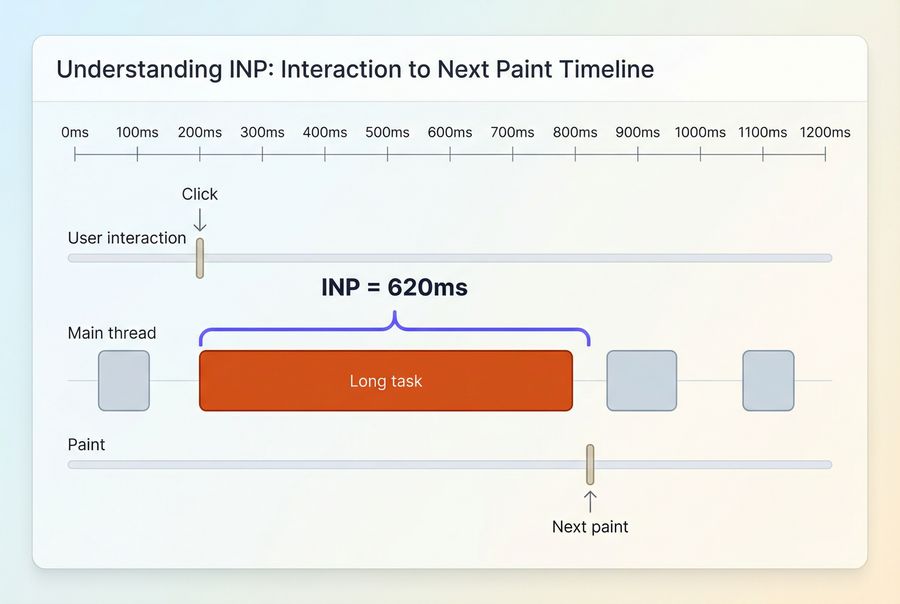 Timeline showing a user click during a long JavaScript task, with interaction start, processing delay, and next paint highlighted to explain INP.