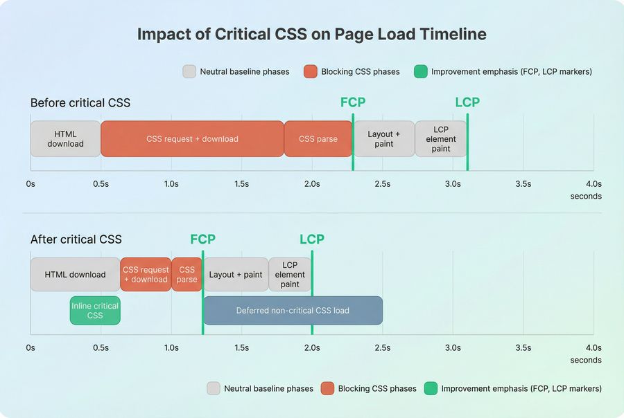 Stacked timeline showing how render blocking CSS delays FCP and LCP