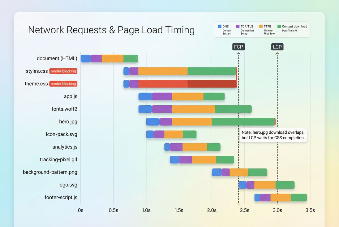 Waterfall chart highlighting render-blocking CSS requests delaying FCP