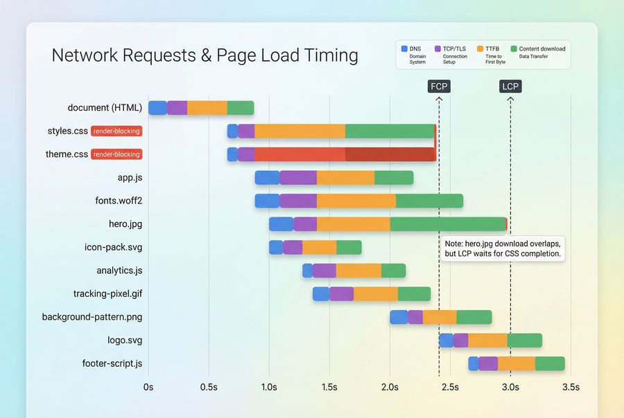 Waterfall chart highlighting render-blocking CSS requests delaying FCP
