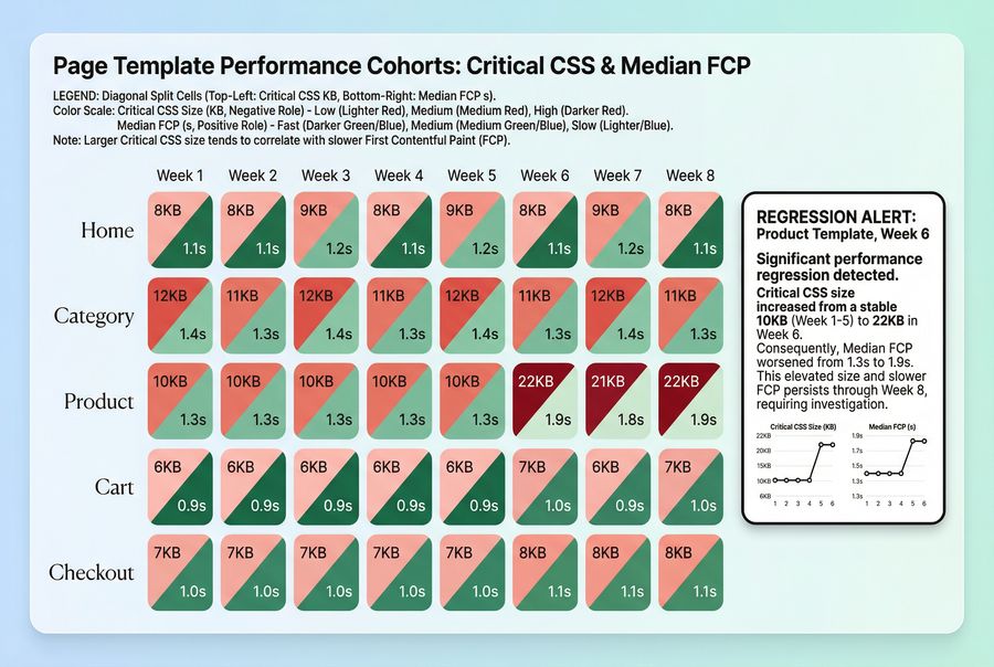 Heatmap showing critical CSS size increases correlated with worse FCP by template