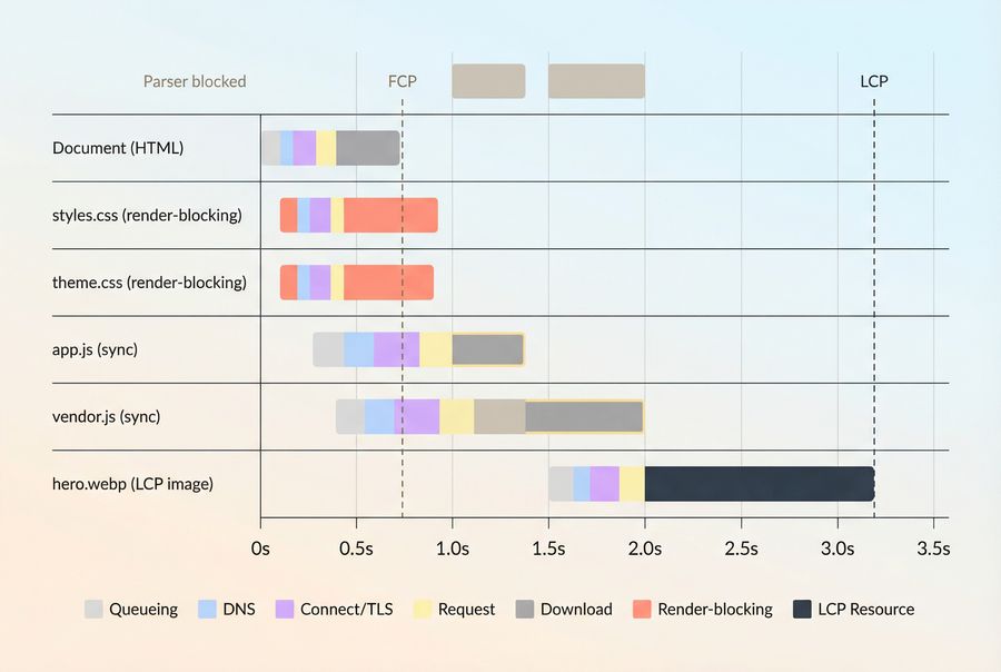 Simplified network request waterfall highlighting render-blocking CSS, synchronous JS, and the LCP image request timing