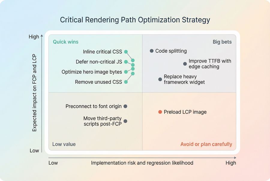 Decision matrix ranking CRP optimizations by expected impact on FCP and LCP versus implementation risk