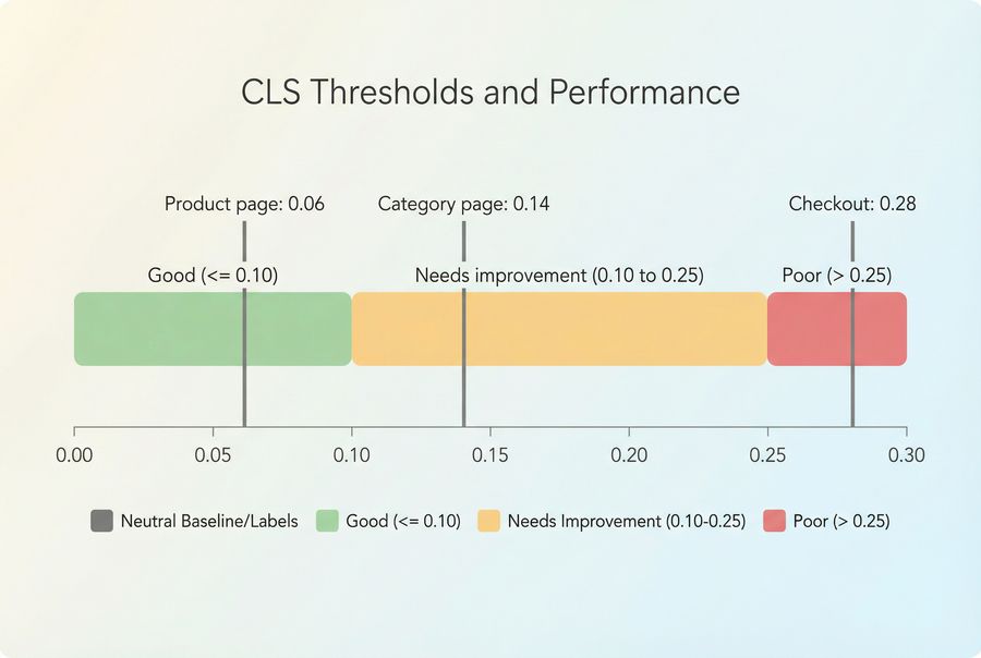 CLS thresholds with example page scores across good, needs improvement, and poor ranges