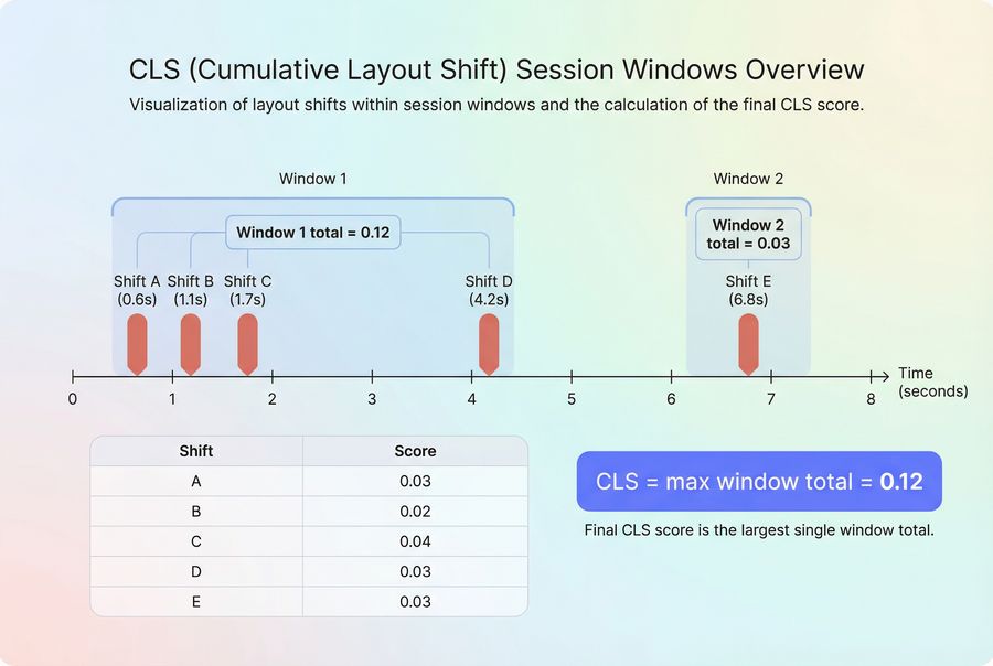 Timeline showing how multiple layout shifts are grouped into a CLS session window and how the maximum window determines CLS