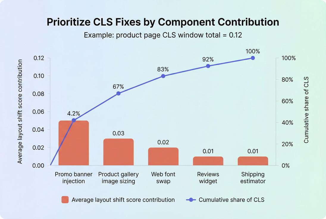 Pareto bar chart showing which page components contribute most to CLS on a product page