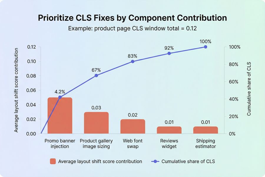 Pareto bar chart showing which page components contribute most to CLS on a product page