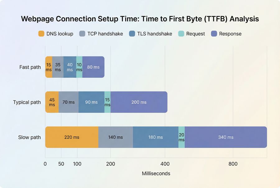 Stacked bar chart of connection setup phases showing how DNS gates the first request