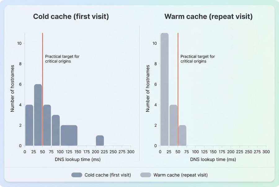 Histogram comparing cold-cache vs warm-cache DNS lookup times across hostnames