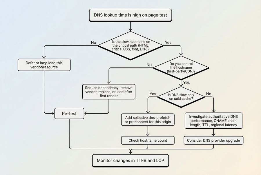 Decision flow chart for prioritizing DNS optimization actions based on hostname criticality and variability