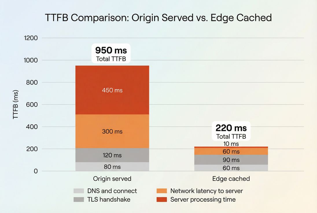 Stacked bars comparing TTFB components for origin served vs edge cached requests