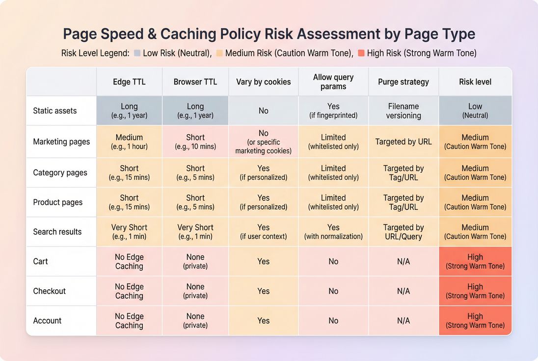 Heatmap table showing recommended TTL and cache variation by page type for ecommerce