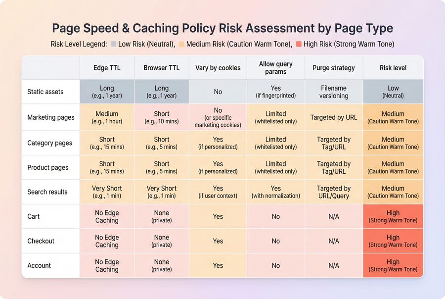 Heatmap table showing recommended TTL and cache variation by page type for ecommerce