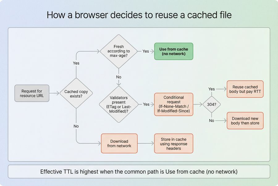 Flow diagram showing how browsers choose between using cache, revalidating, or downloading based on Cache-Control max-age, immutable, and validators