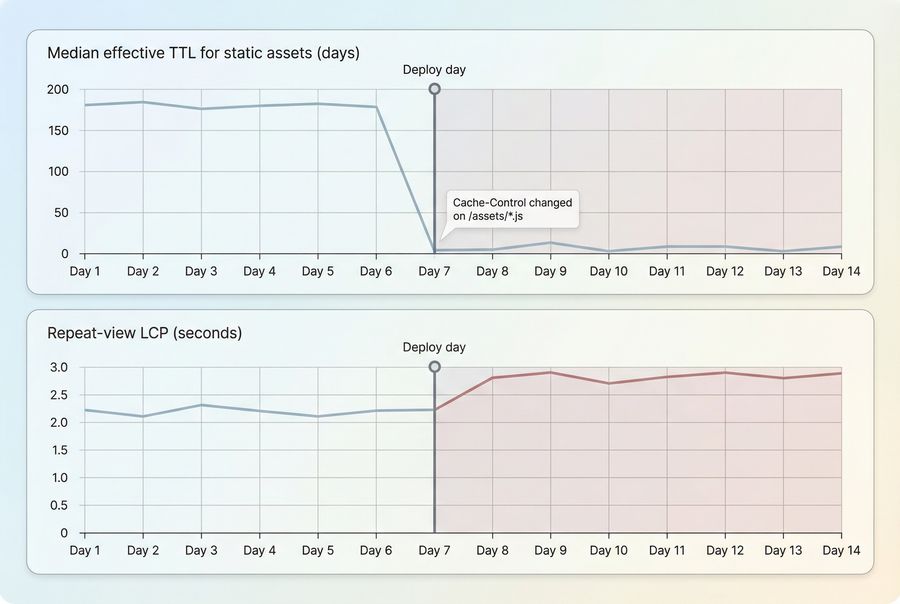 Line chart showing a caching regression where effective cache TTL drops after a deployment and repeat-view LCP increases