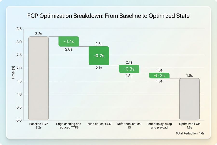 Bridge chart showing FCP improvement contributions from caching, critical CSS, deferring JS, and font strategy